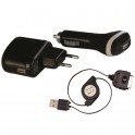 Pack chargeur secteur & allume cigare cordon rétract pour iPhone 3à 4S/iPod noir